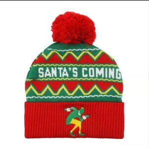 Buddy thge Elf Santa's Coming Red & Green Pom Pom Beanie Hat